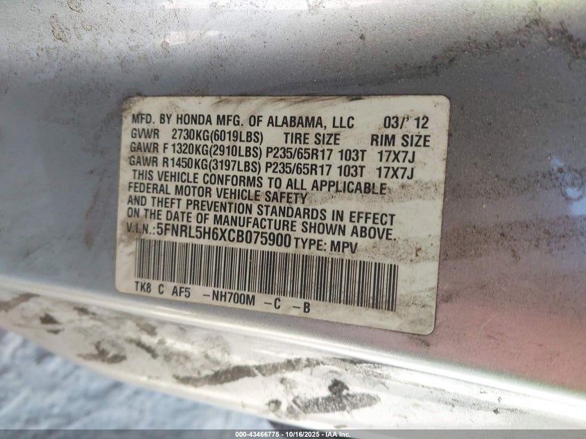 5FNRL5H6XCB075900 2012 HONDA ODYSSEY photo no. 9