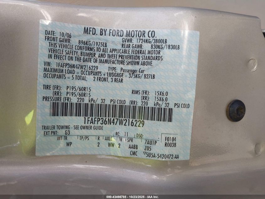 2007 Ford Focus Se/Ses VIN: 1FAFP36N47W216229 Lot: 43466785