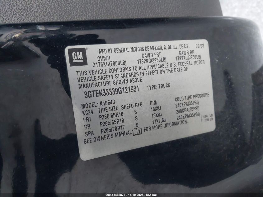 2009 GMC Sierra 1500 Slt VIN: 3GTEK33339G121931 Lot: 43466873