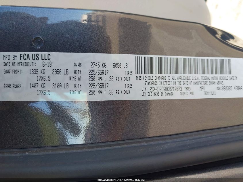 2019 Dodge Grand Caravan Sxt VIN: 2C4RDGCG8KR717073 Lot: 43466881