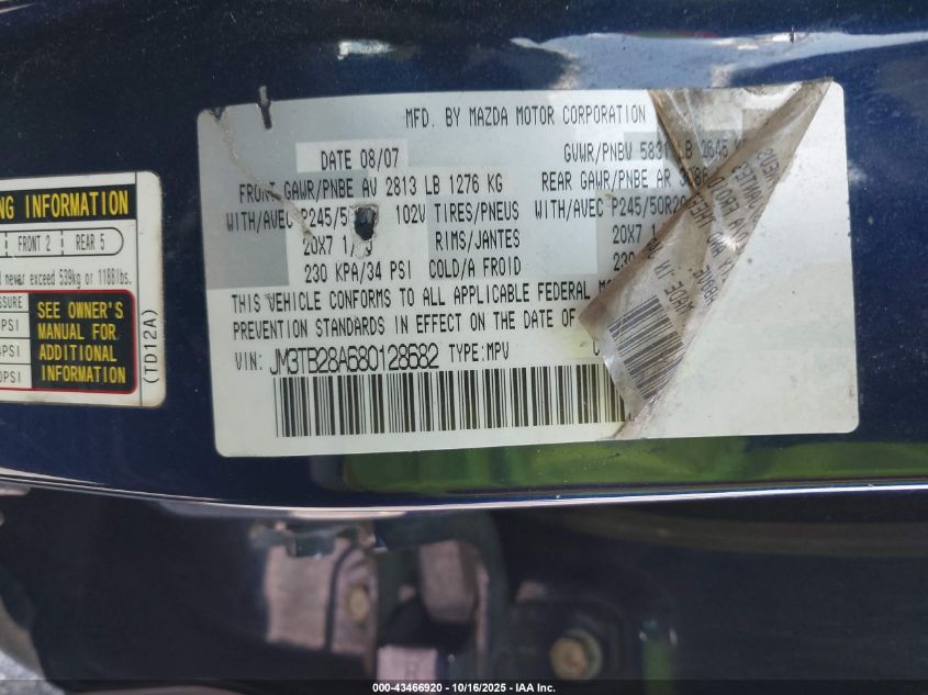 2008 Mazda Cx-9 Grand Touring VIN: JM3TB28A680128682 Lot: 43466920