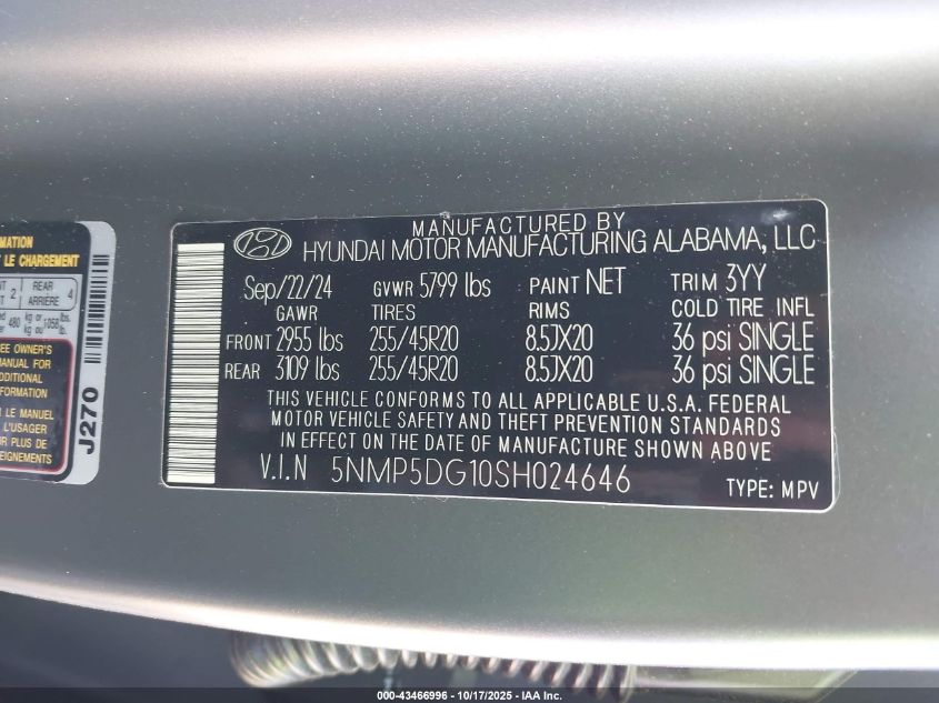 2025 Hyundai Santa Fe Hybrid Calligraphy VIN: 5NMP5DG10SH024646 Lot: 43466996