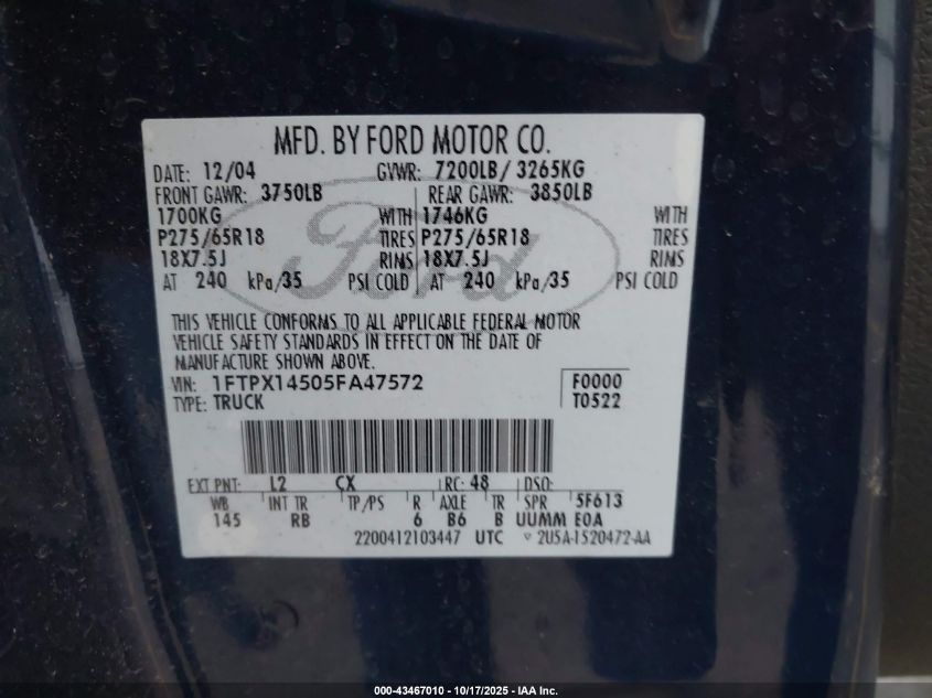 2005 Ford F-150 Fx4/Lariat/Xl/Xlt VIN: 1FTPX14505FA47572 Lot: 43467010