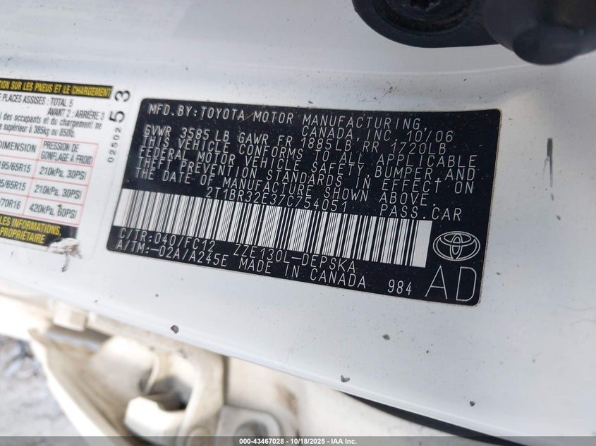 2T1BR32E37C754051 2007 TOYOTA COROLLA photo no. 9