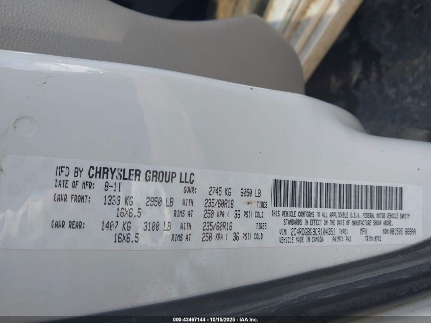 2012 Dodge Grand Caravan Se/Avp VIN: 2C4RDGBG9CR104351 Lot: 43467144