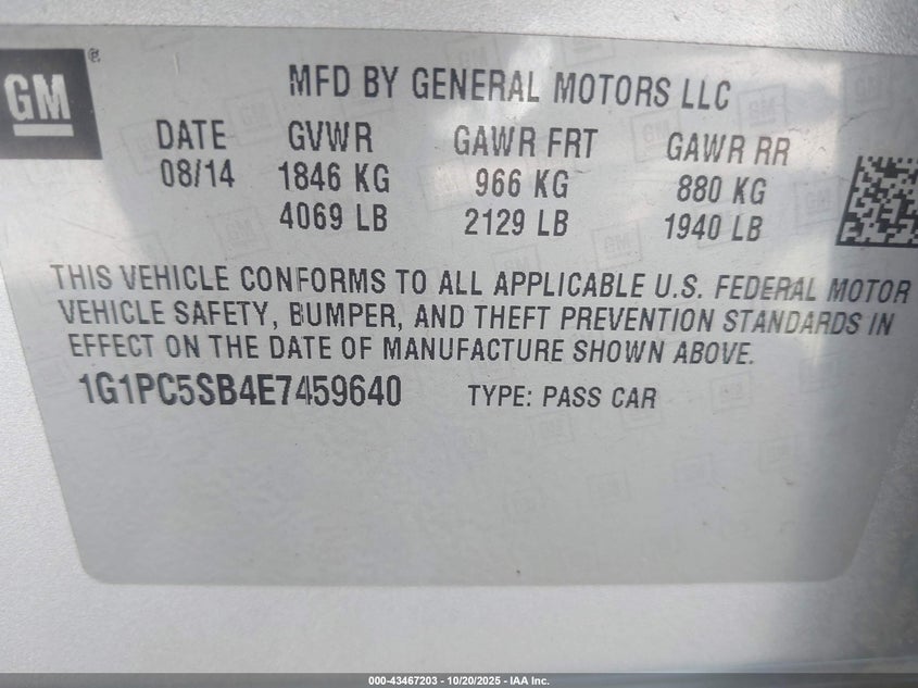 2014 CHEVROLET CRUZE 1LT AUTO 1G1PC5SB4E7459640