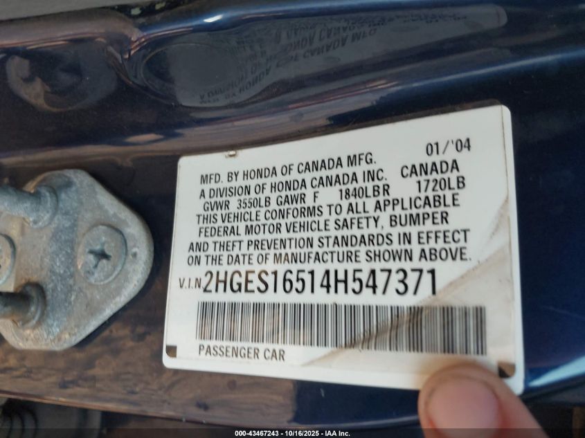 2004 Honda Civic Lx VIN: 2HGES16514H547371 Lot: 43467243