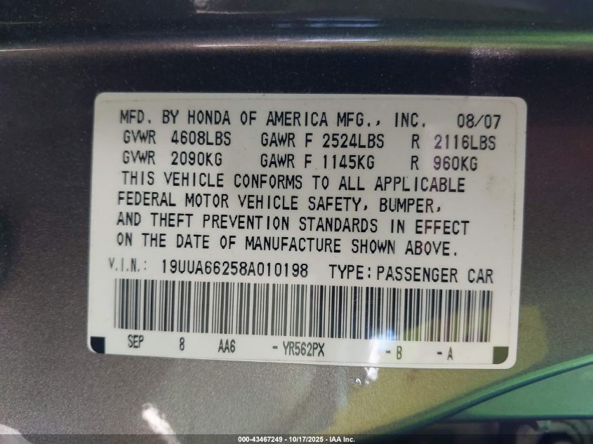 2008 Acura Tl 3.2 VIN: 19UUA66258A010198 Lot: 43467249
