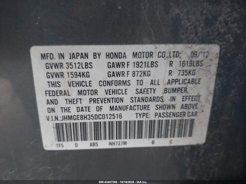 2013 HONDA FIT JHMGE8H35DC012516