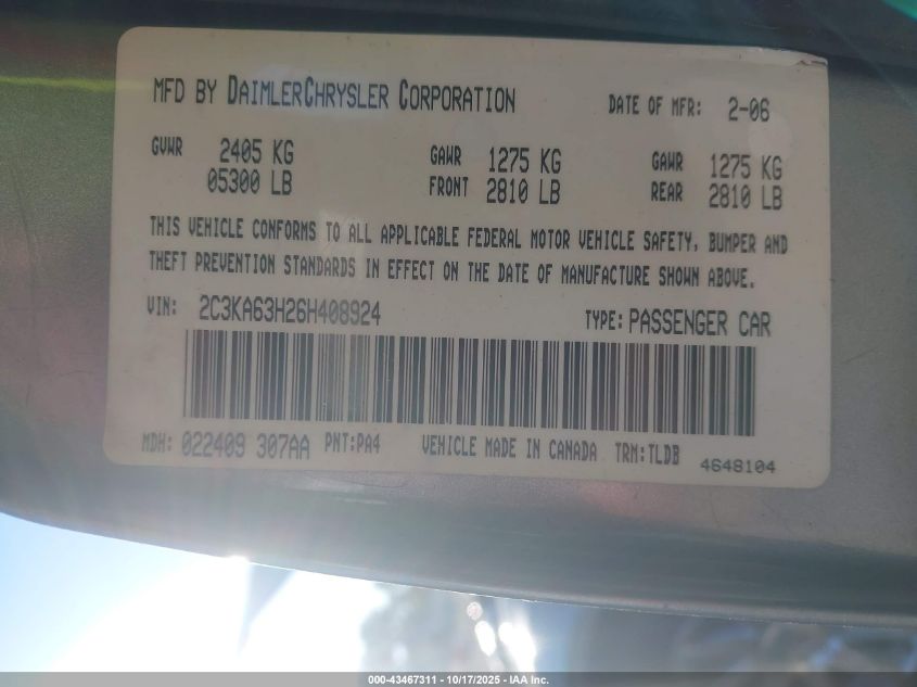 2006 Chrysler 300C VIN: 2C3KA63H26H408924 Lot: 43467311