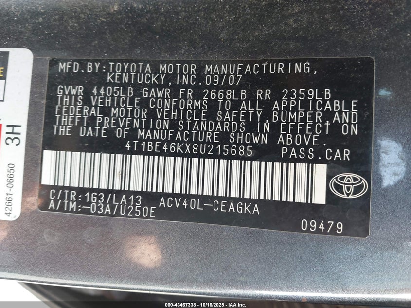 4T1BE46KX8U215685 2008 TOYOTA CAMRY photo no. 9