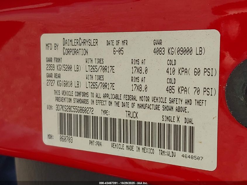 2005 Dodge Ram 2500 Slt/Laramie VIN: 3D7KS28C55G860272 Lot: 43467391
