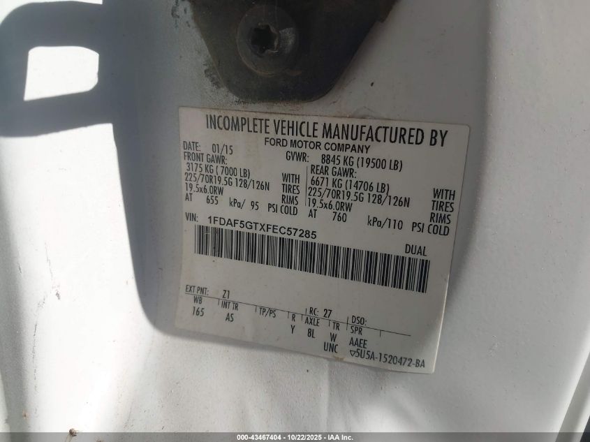 2015 Ford F-550 Chassis Xl VIN: 1FDAF5GTXFEC57285 Lot: 43467404