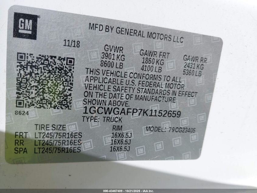 2019 Chevrolet Express 2500 Work Van VIN: 1GCWGAFP7K1152659 Lot: 43467409