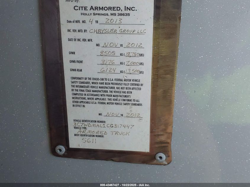 2012 Ram 5500 Chassis St/Slt VIN: 3C7WDMAL1CG317447 Lot: 43467427