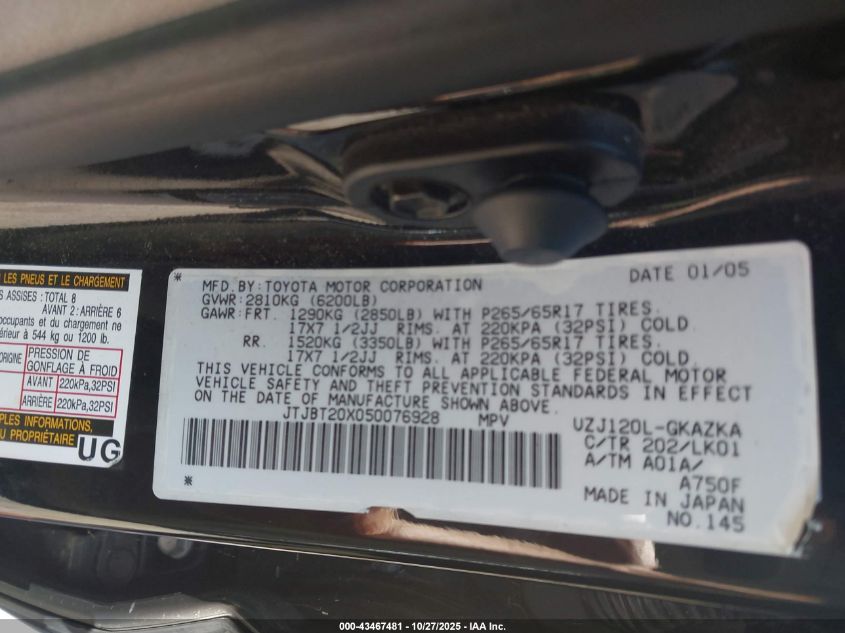 2005 Lexus Gx 470 VIN: JTJBT20X050076928 Lot: 43467481