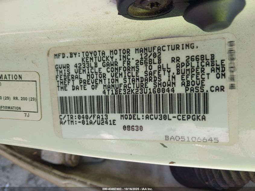 2003 Toyota Camry Xle VIN: 4T1BE32K23U160044 Lot: 43467483