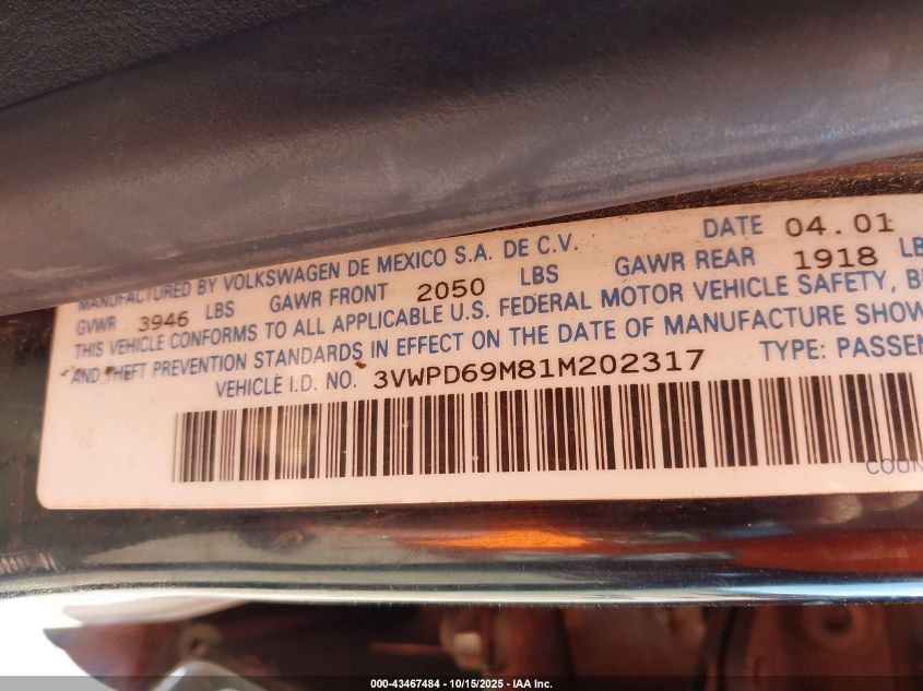 2001 Volkswagen Jetta Wolfsburg VIN: 3VWPD69M81M202317 Lot: 43467484