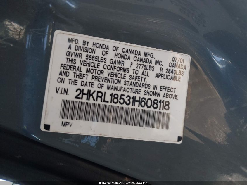 2003 Honda Odyssey Ex-L VIN: 2HKRL180531H60811 Lot: 43467516