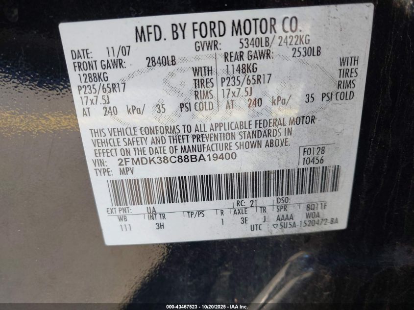 2008 Ford Edge Sel VIN: 2FMDK38C88BA19400 Lot: 43467523