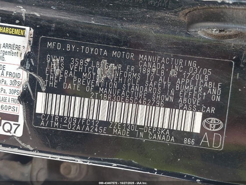 2005 Toyota Corolla S VIN: 2T1BR30E65C462796 Lot: 43467570