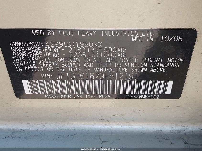 2009 Subaru Impreza 2.5I VIN: JF1GH61629H812191 Lot: 43467592