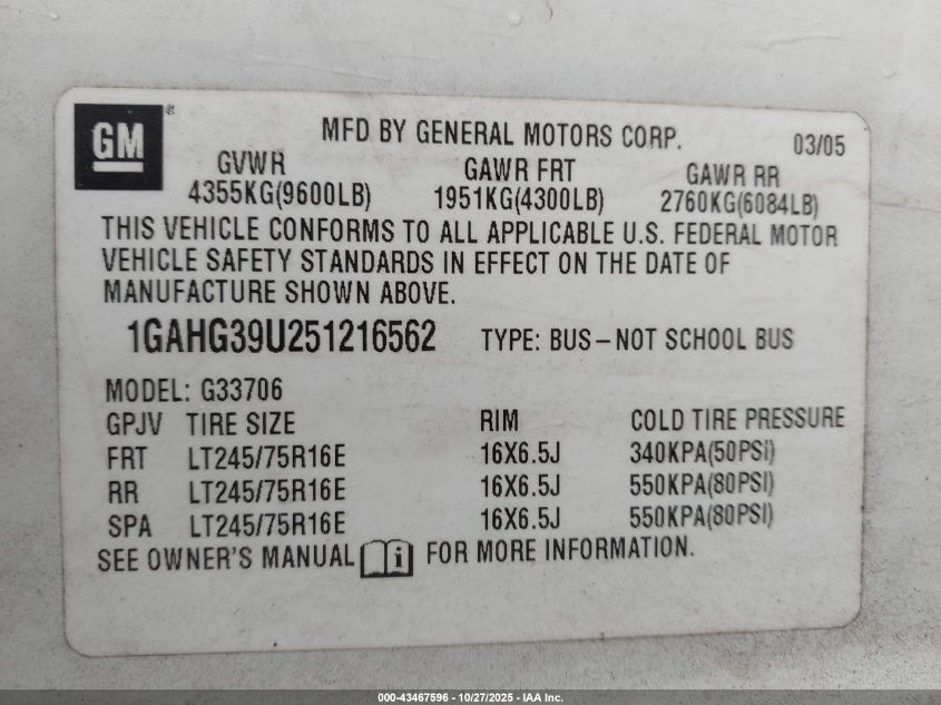 2005 Chevrolet Express VIN: 1GAHG39U251216562 Lot: 43467596