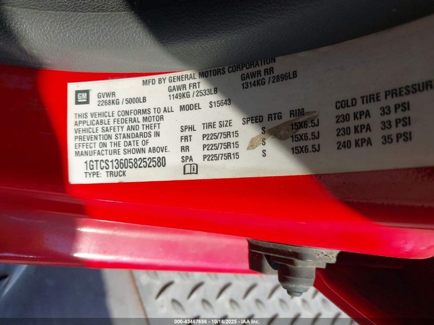 2005 GMC Canyon Sle VIN: 1GTCS136058252580 Lot: 43467656