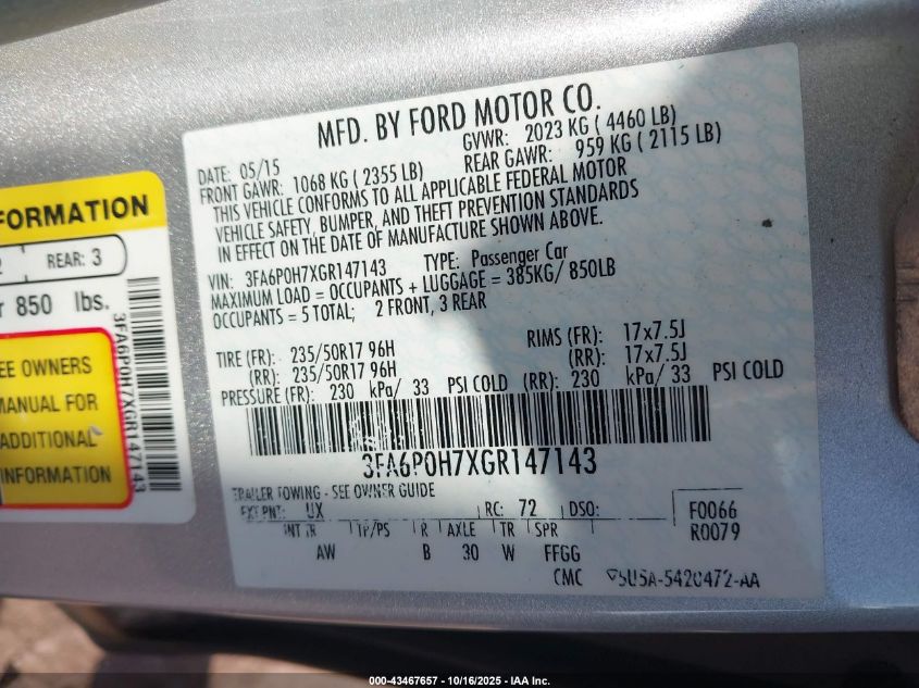 2016 Ford Fusion VIN: 3FA6POH7XGR147143 Lot: 43467657