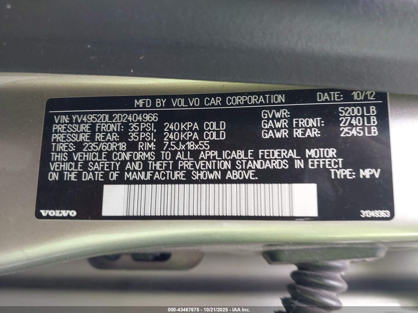 2013 Volvo Xc60 3.2 VIN: YV4952DL2D2404966 Lot: 43467675