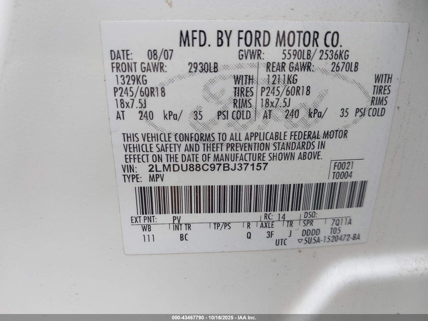 2007 Lincoln Mkx VIN: 2LMDU88C97BJ37157 Lot: 43467790