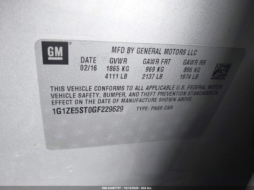 2016 Chevrolet Malibu 1Lt VIN: 1G1ZE5ST0GF229629 Lot: 43467797