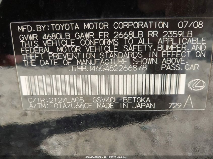 2008 Lexus Es 350 VIN: JTHBJ46G482266878 Lot: 43467800