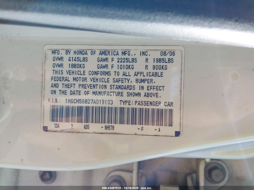 2007 Honda Accord 2.4 Ex VIN: 1HGCM56827A019103 Lot: 43467810