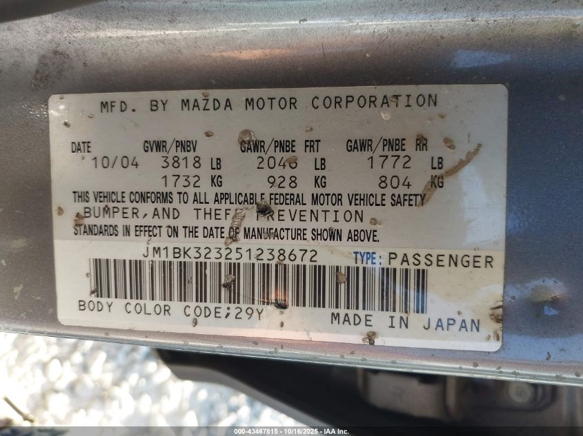 2005 Mazda Mazda3 S VIN: JM1BK323251238672 Lot: 43467815