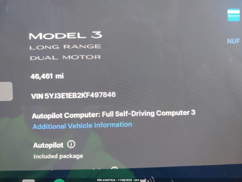 2019 Tesla Model 3 Long Range/Performance VIN: 5YJ3E1EB2KF497846 Lot: 43467824