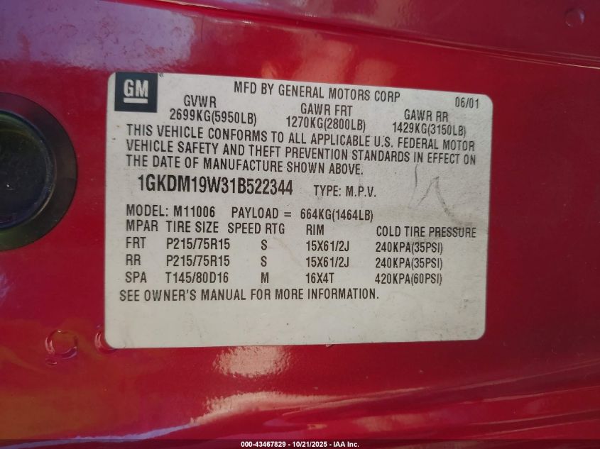 2001 GMC Safari Sle VIN: 1GKDM19W31B522344 Lot: 43467829