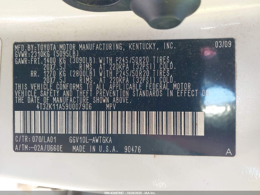 2009 Toyota Venza Base V6 VIN: 4T3ZK11A59U007906 Lot: 43467867