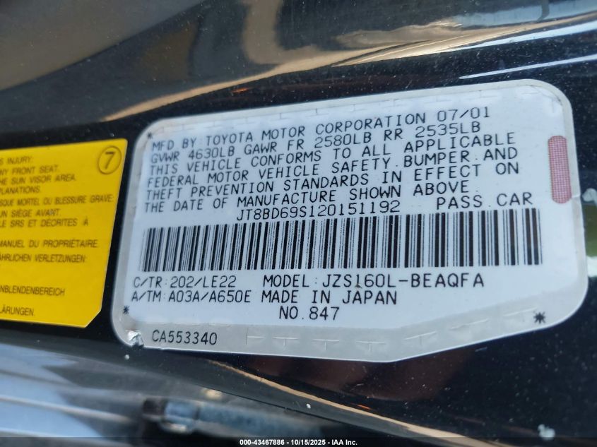 2002 Lexus Gs 300 VIN: JT8BD69S120151192 Lot: 43467886