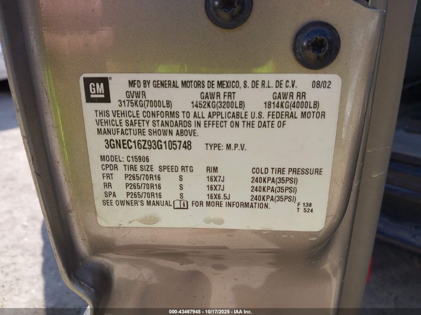 2003 Chevrolet Suburban 1500 Lt VIN: 3GNEC16Z93G105748 Lot: 43467948