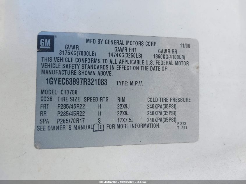 2007 Cadillac Escalade Standard VIN: 1GYEC63897R321083 Lot: 43467963