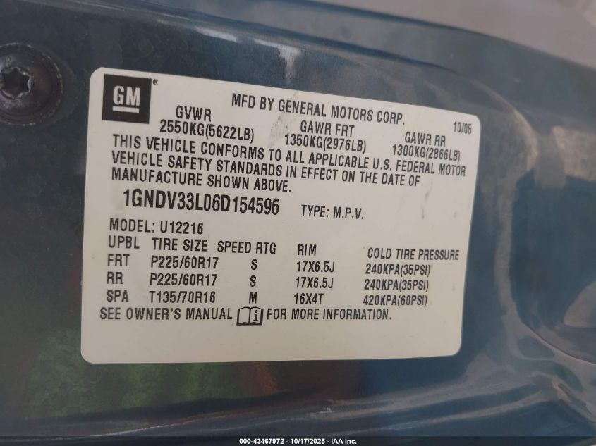2006 Chevrolet Uplander Lt VIN: 1GNDV33L06D154596 Lot: 43467972