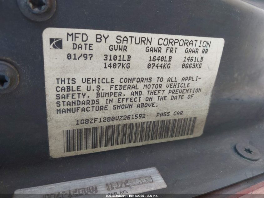 1997 Saturn Sc Sc1 VIN: 1G8ZF1280VZ261592 Lot: 43468001
