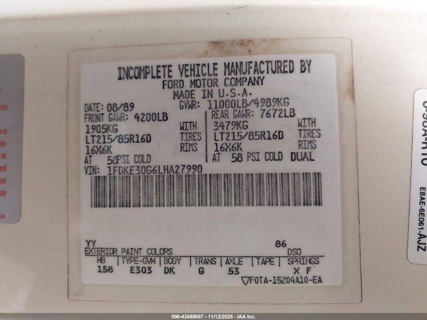 1990 Ford Econoline E350 Cutaway Van VIN: 1FDKE30G6LHA27990 Lot: 43468007