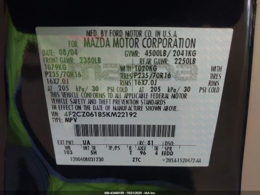 2005 Mazda Tribute S VIN: 4F2CZ06185KM22192 Lot: 43468159