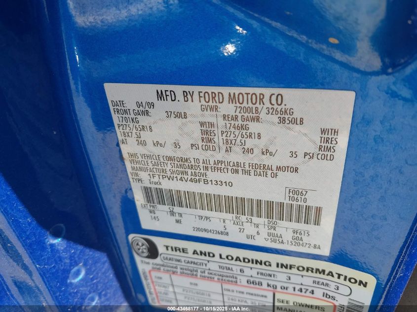 2009 Ford F-150 Fx4/King Ranch/Lariat/Platinum/Xl/Xlt VIN: 1FTPW14V49FB13310 Lot: 43468177