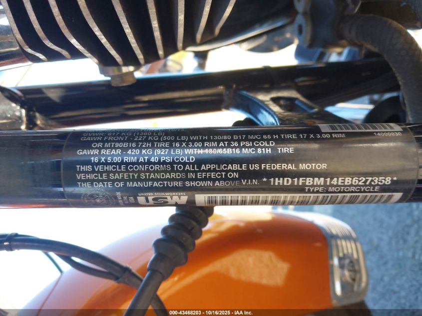 2014 Harley-Davidson Flhr Road King VIN: 1HD1FBM14EB627358 Lot: 43468203