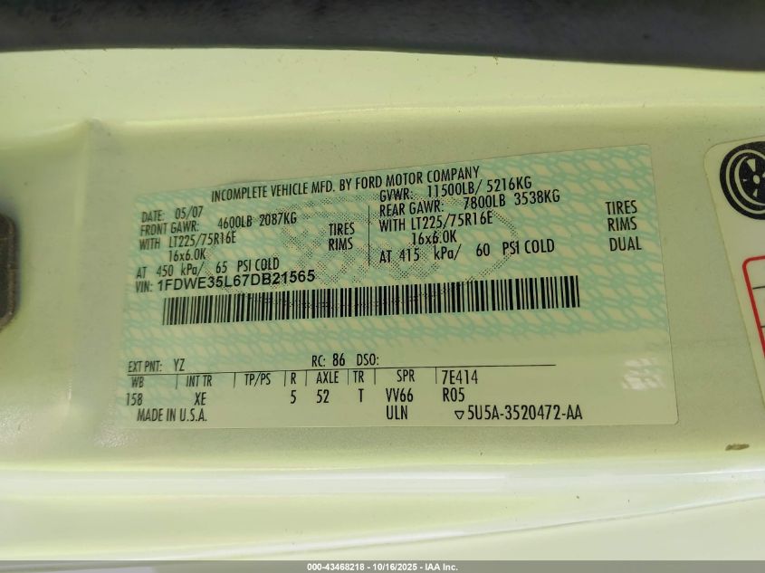 2007 Ford E-350 Cutaway VIN: 1FDWE35L67DB21565 Lot: 43468218