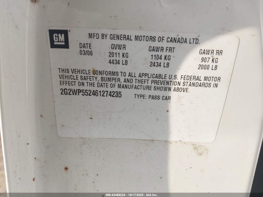 2006 Pontiac Grand Prix VIN: 2G2WP552461274235 Lot: 43468224