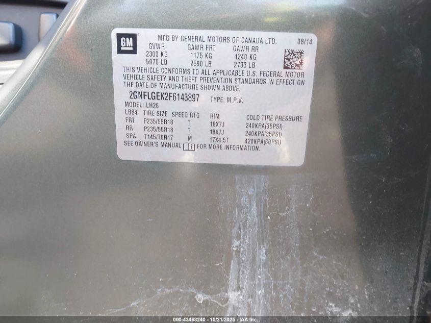 2015 Chevrolet Equinox 2Lt VIN: 2GNFLGEK2F6143897 Lot: 43468240